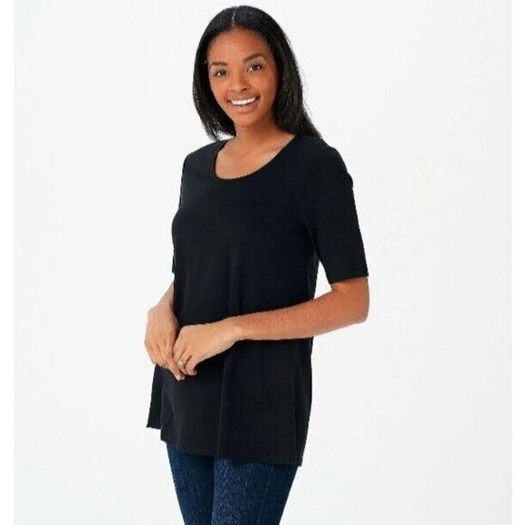 Isaac Mizrahi Live! Scoop Neck Elbow Sleeve Swing Top Jet Black X-Small - Picture 1 of 1